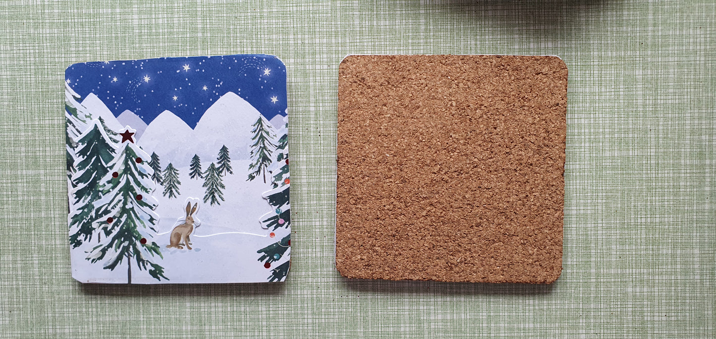 Blue White Christmas, Trees, Rabbits Decoupage Coasters Set Of Three Home Decor Gift