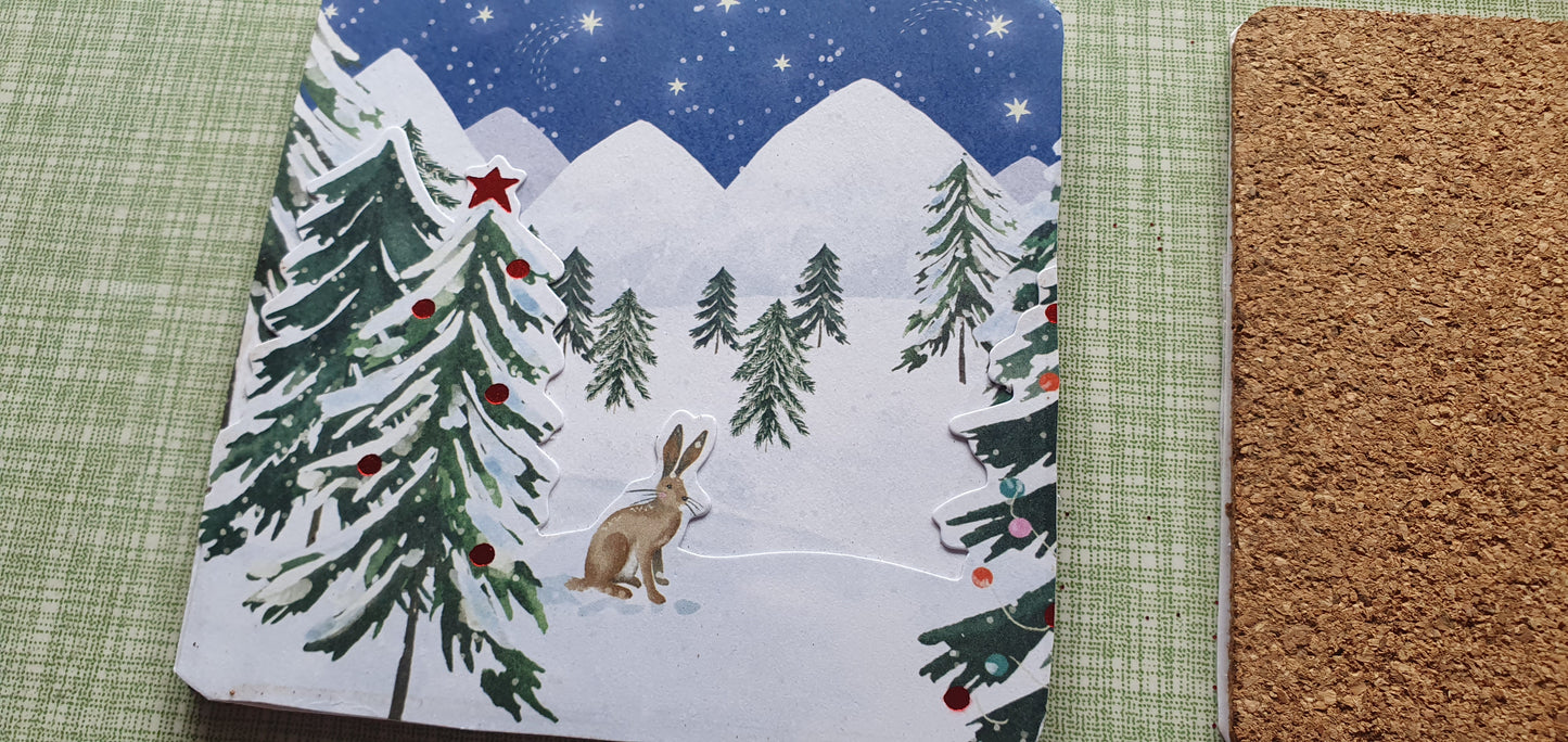 Blue White Christmas, Trees, Rabbits Decoupage Coasters Set Of Three Home Decor Gift