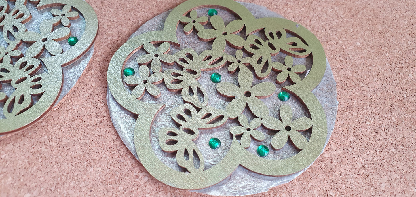 Metallic Green Round Coasters Flowers Butterflies Set Of Four Home Decor Gift