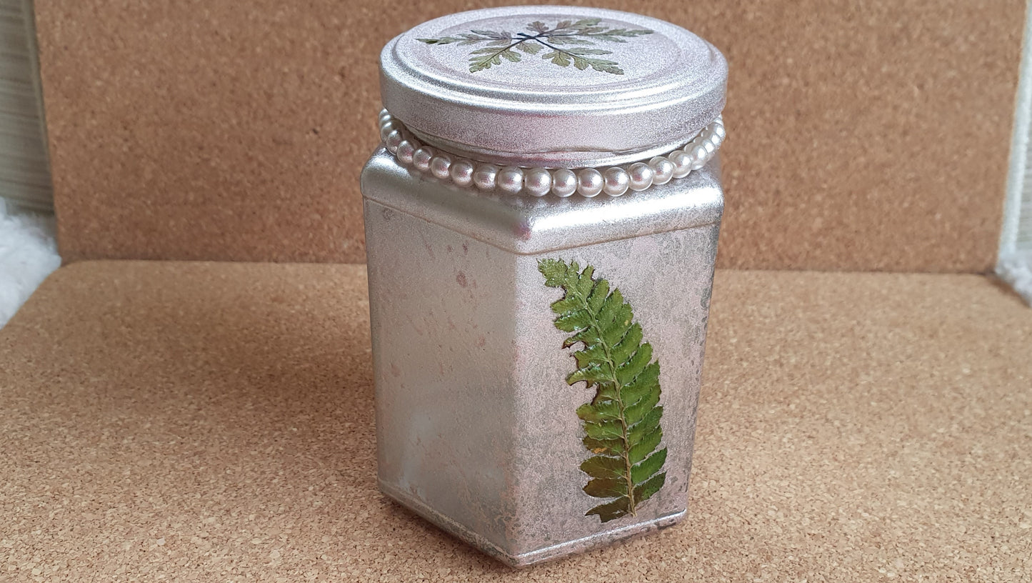 Glass Hexagon Shape Rose Gold Metallic Marbelled Real Leaf Hand Decorated Storage Jar Or Candle Holder With Lid Home Decor Gift