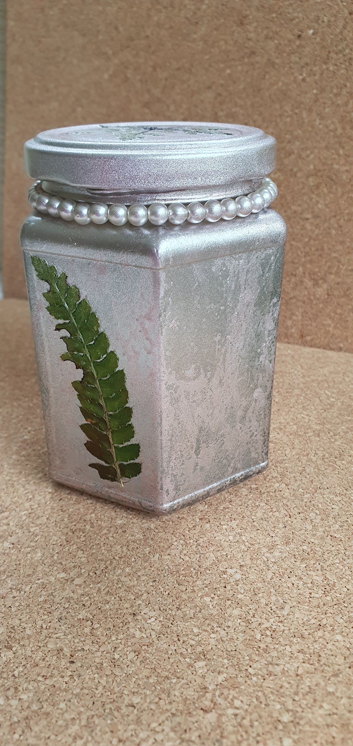 Glass Hexagon Shape Rose Gold Metallic Marbelled Real Leaf Hand Decorated Storage Jar Or Candle Holder With Lid Home Decor Gift