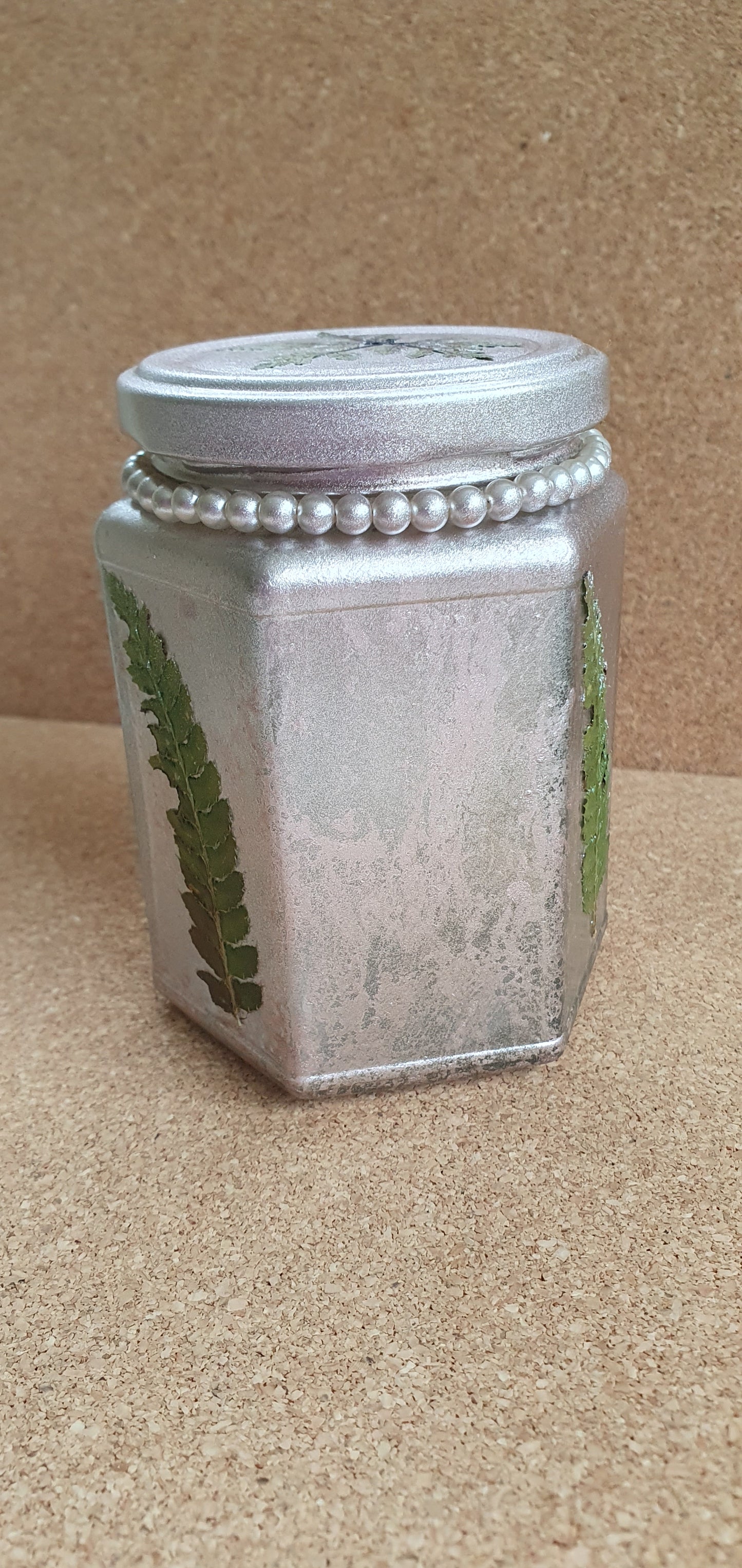 Glass Hexagon Shape Rose Gold Metallic Marbelled Real Leaf Hand Decorated Storage Jar Or Candle Holder With Lid Home Decor Gift