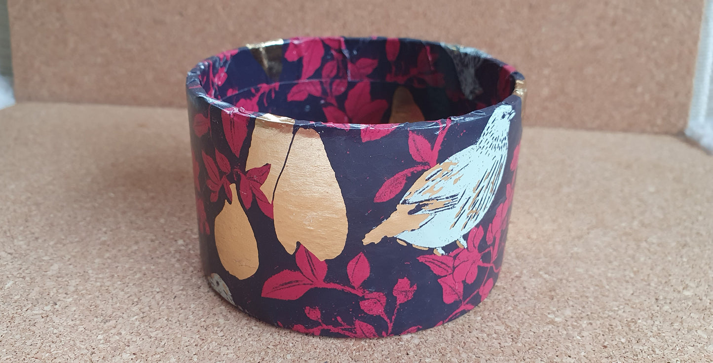 Pink Purple Gold Partridge Pears Decoupage Chunky Bangle