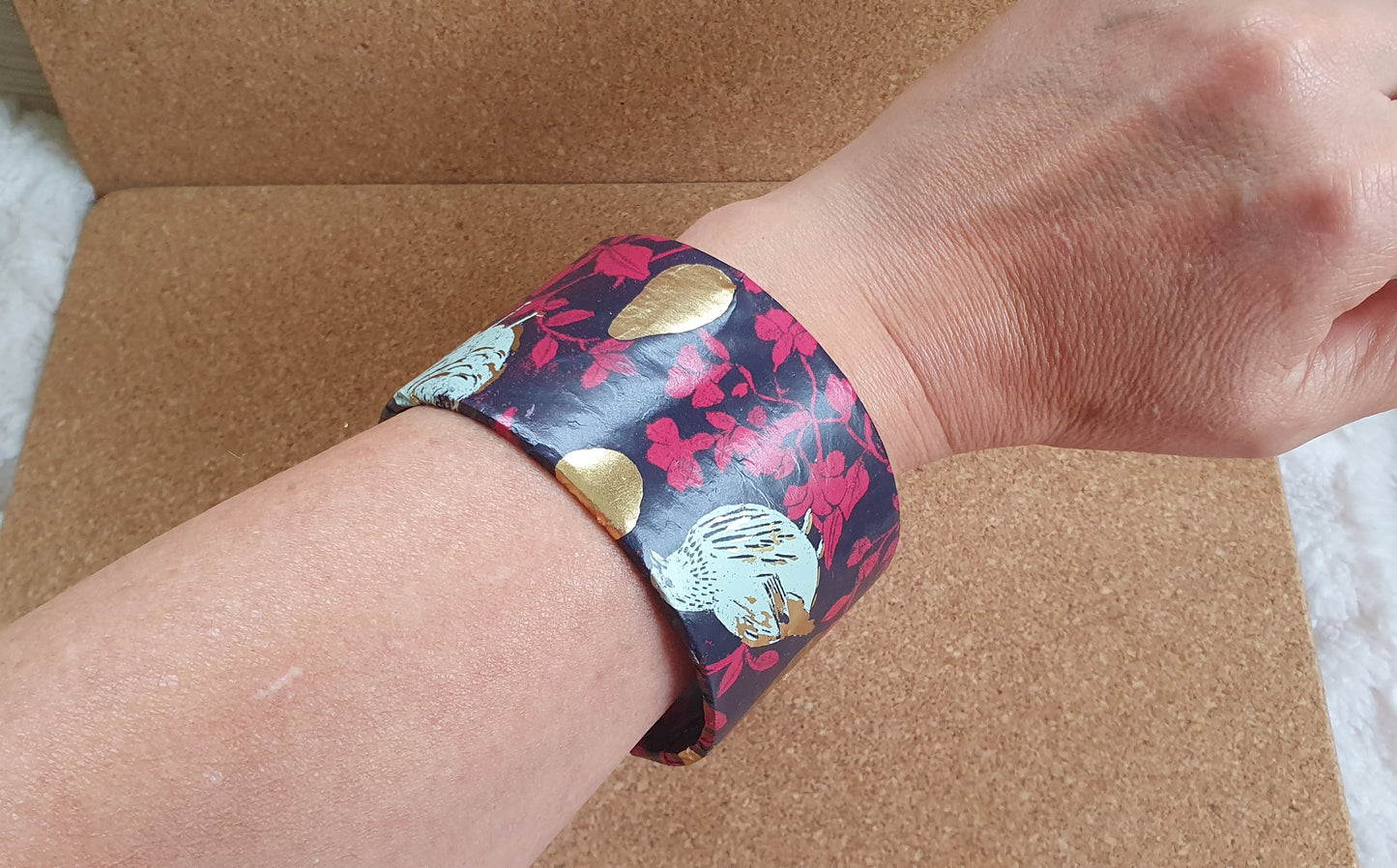 Pink Purple Gold Partridge Pears Decoupage Chunky Bangle