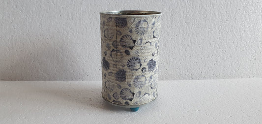 Upcycle Tin Can Desk Tidy Planter Blue Shells Pattern Decoupage Hand Decorated Home Decor Gift