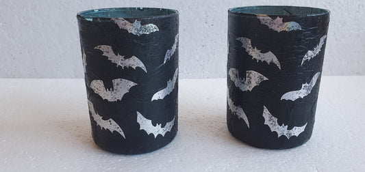 Set Of 2 Black Silver Bats Halloween Votive Candle Tea Light Holders Home Decor Gift