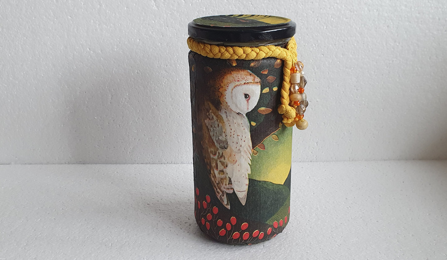 Large Glass Barn Owl Autumn Pattern Hand Decorated Storage Jar With Braiding And Lid Home Decor Gift
