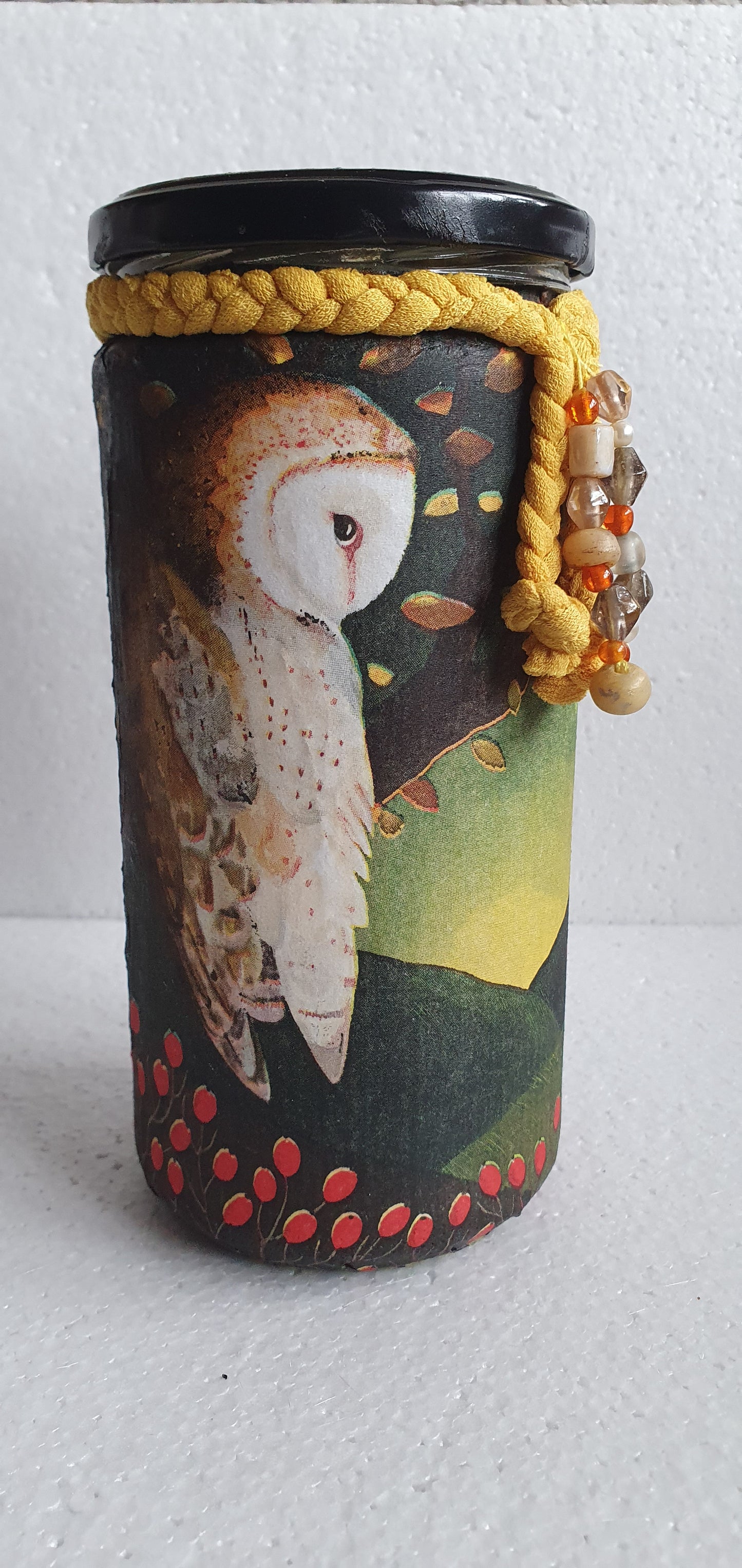 Large Glass Barn Owl Autumn Pattern Hand Decorated Storage Jar With Braiding And Lid Home Decor Gift