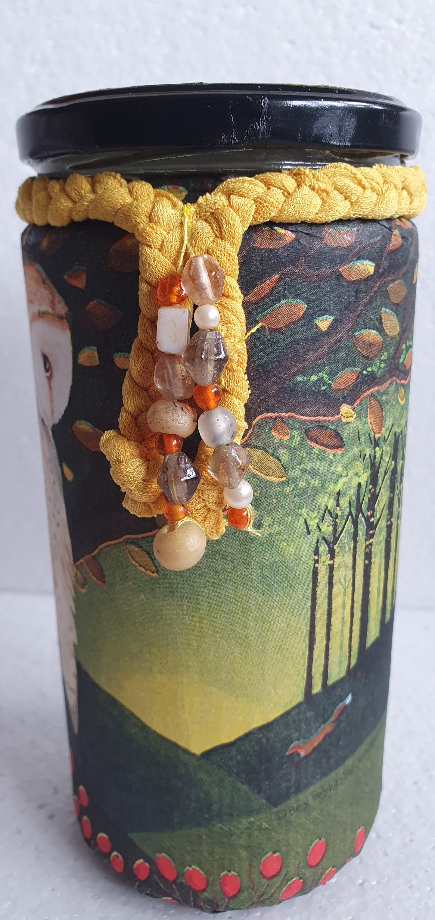 Large Glass Barn Owl Autumn Pattern Hand Decorated Storage Jar With Braiding And Lid Home Decor Gift