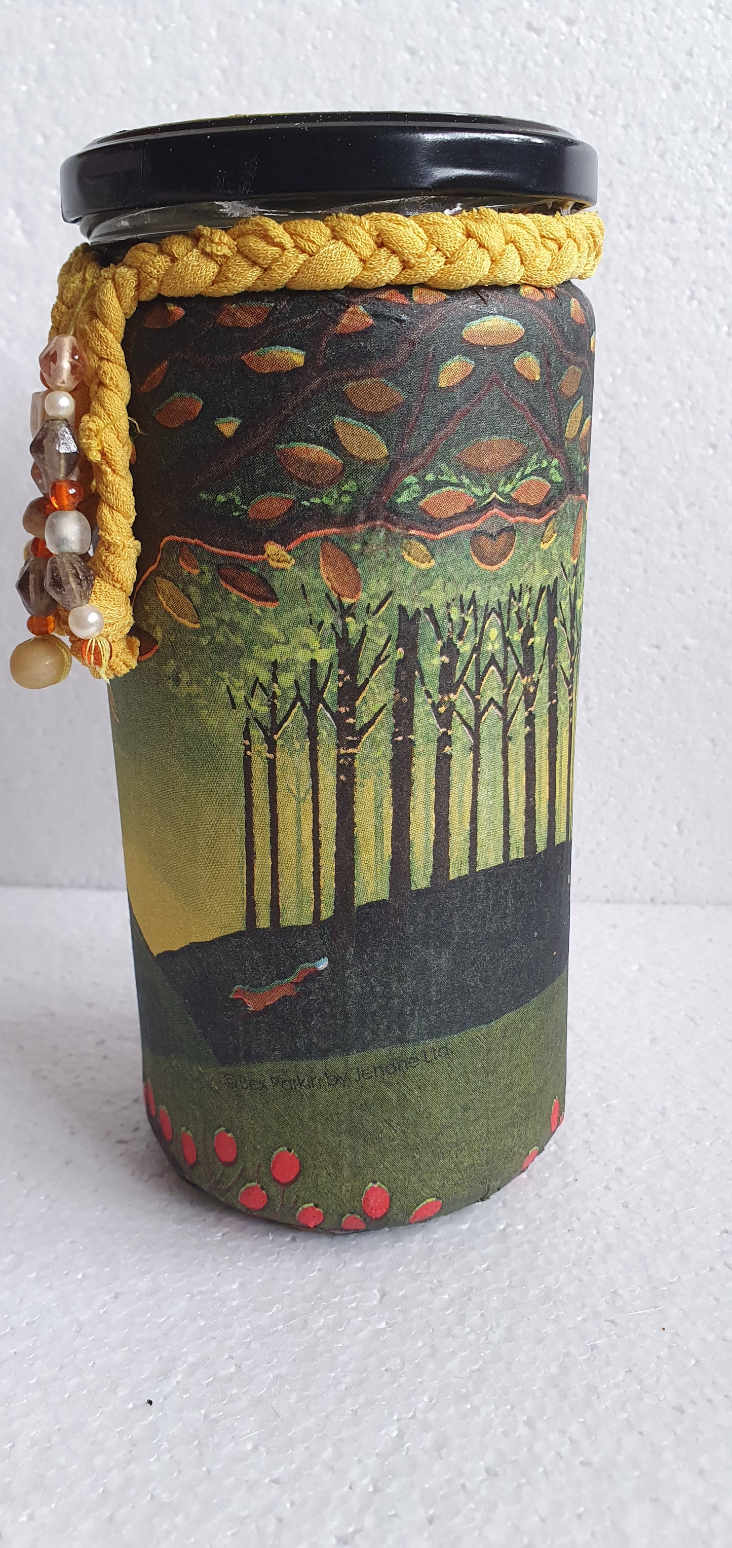 Large Glass Barn Owl Autumn Pattern Hand Decorated Storage Jar With Braiding And Lid Home Decor Gift