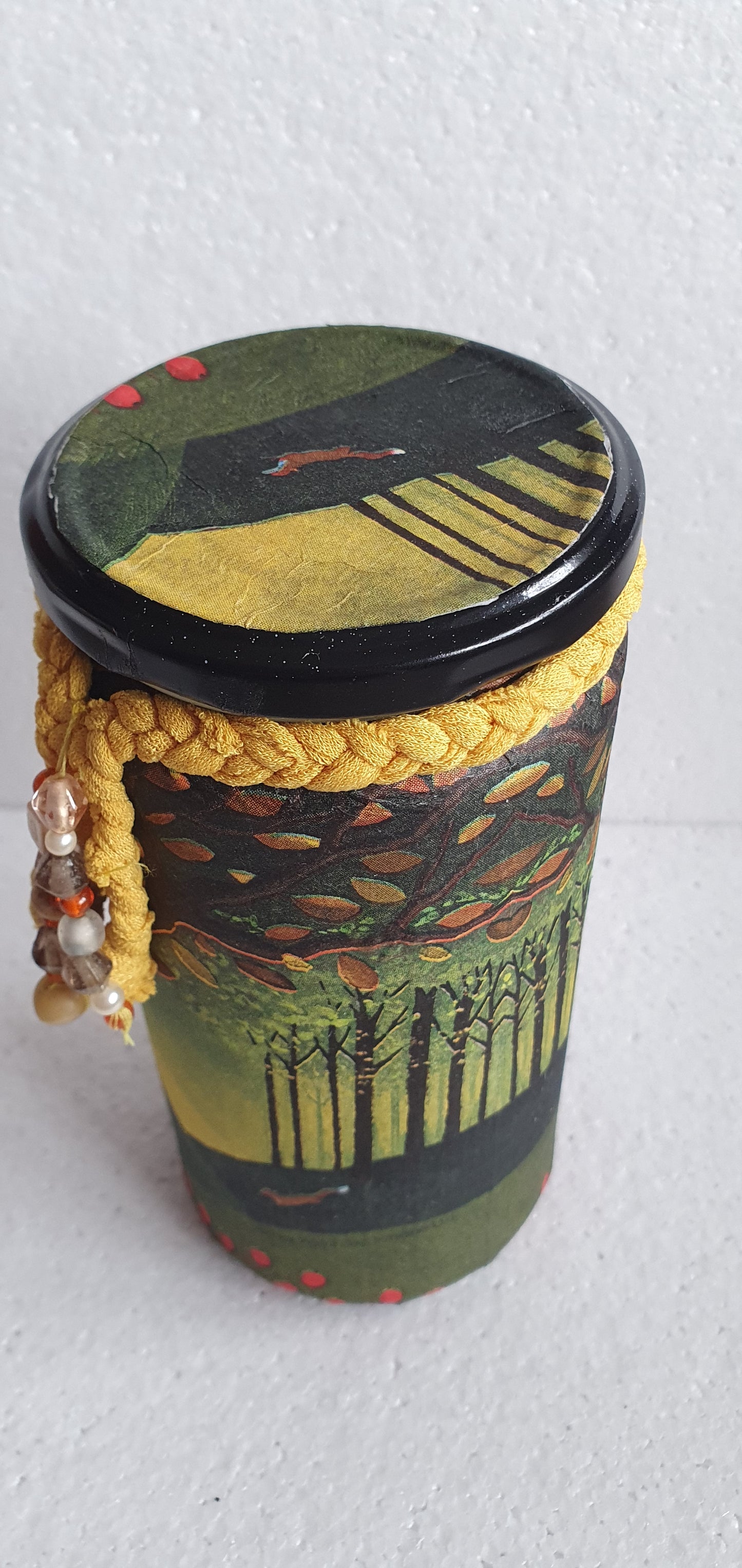 Large Glass Barn Owl Autumn Pattern Hand Decorated Storage Jar With Braiding And Lid Home Decor Gift