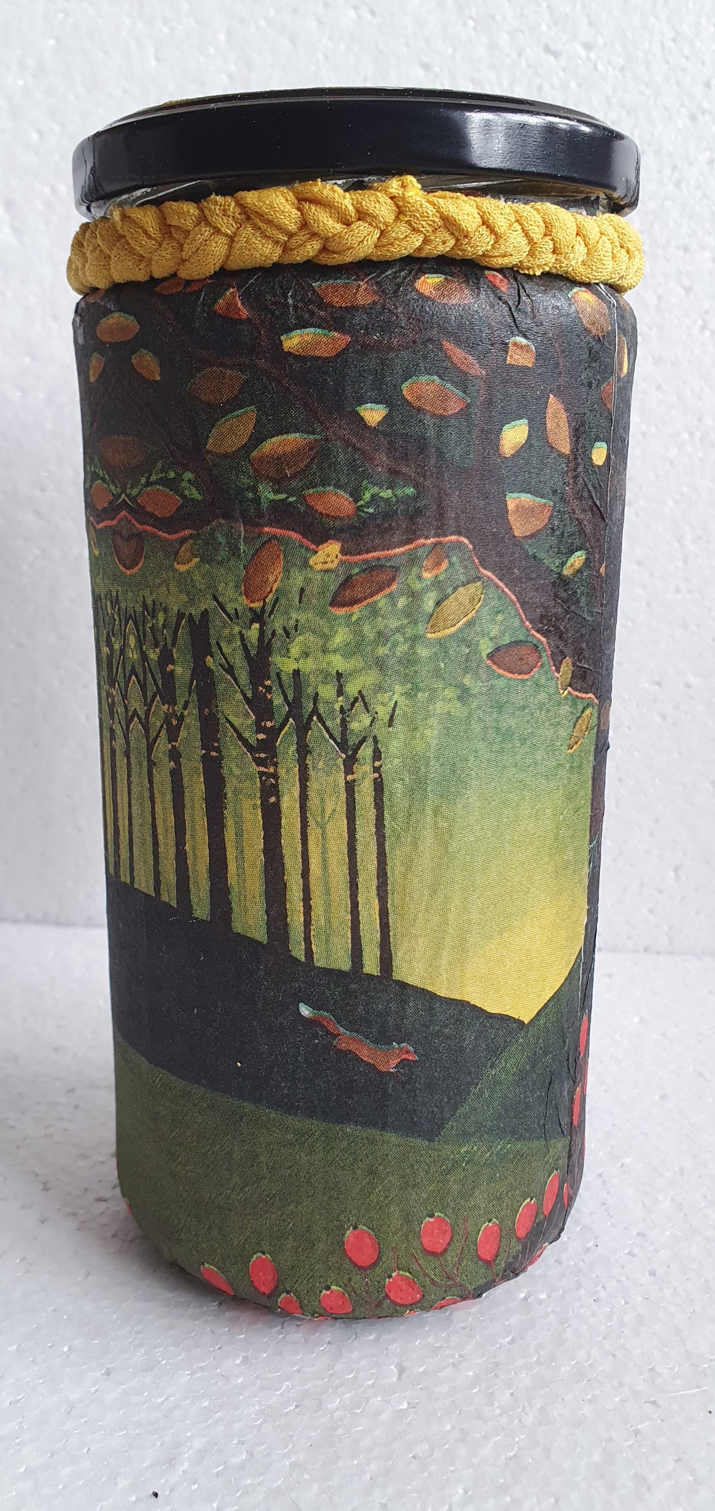 Large Glass Barn Owl Autumn Pattern Hand Decorated Storage Jar With Braiding And Lid Home Decor Gift