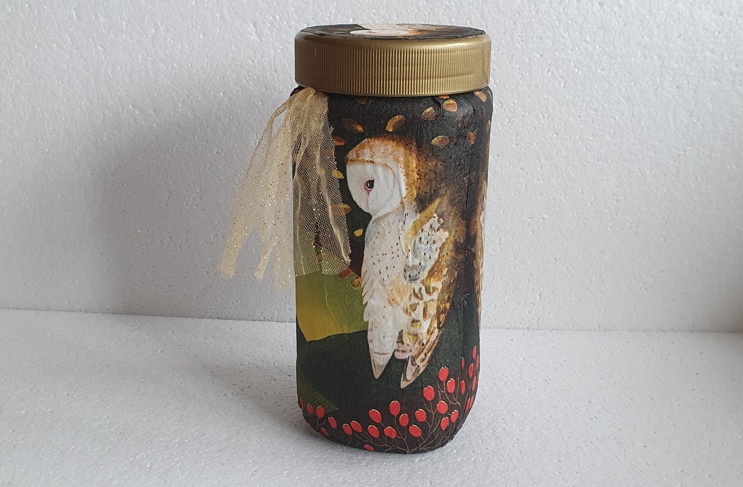 Large Glass Barn Owl Autumn Gold Pattern Hand Decorated Storage Jar With Lid Home Decor Gift