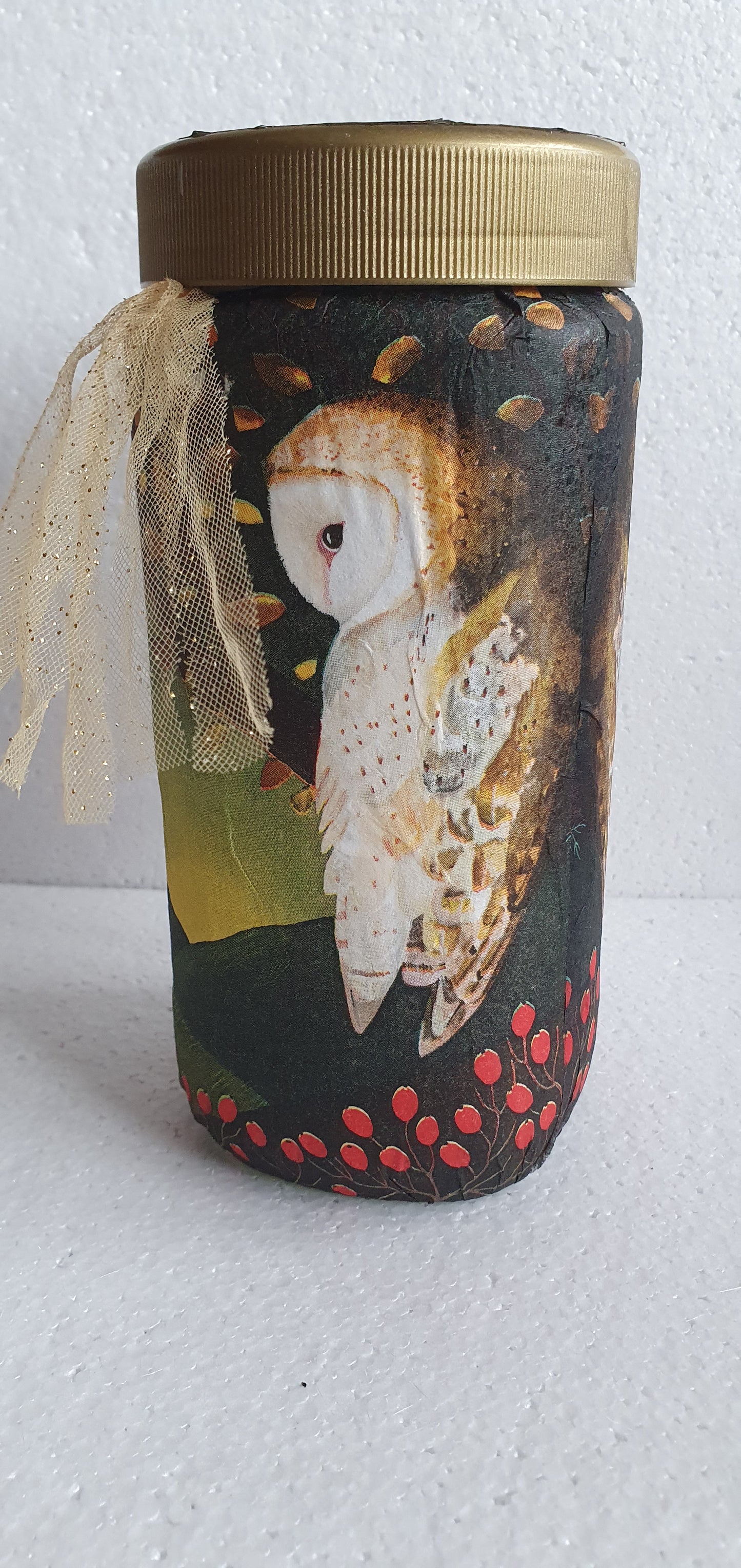Large Glass Barn Owl Autumn Gold Pattern Hand Decorated Storage Jar With Lid Home Decor Gift