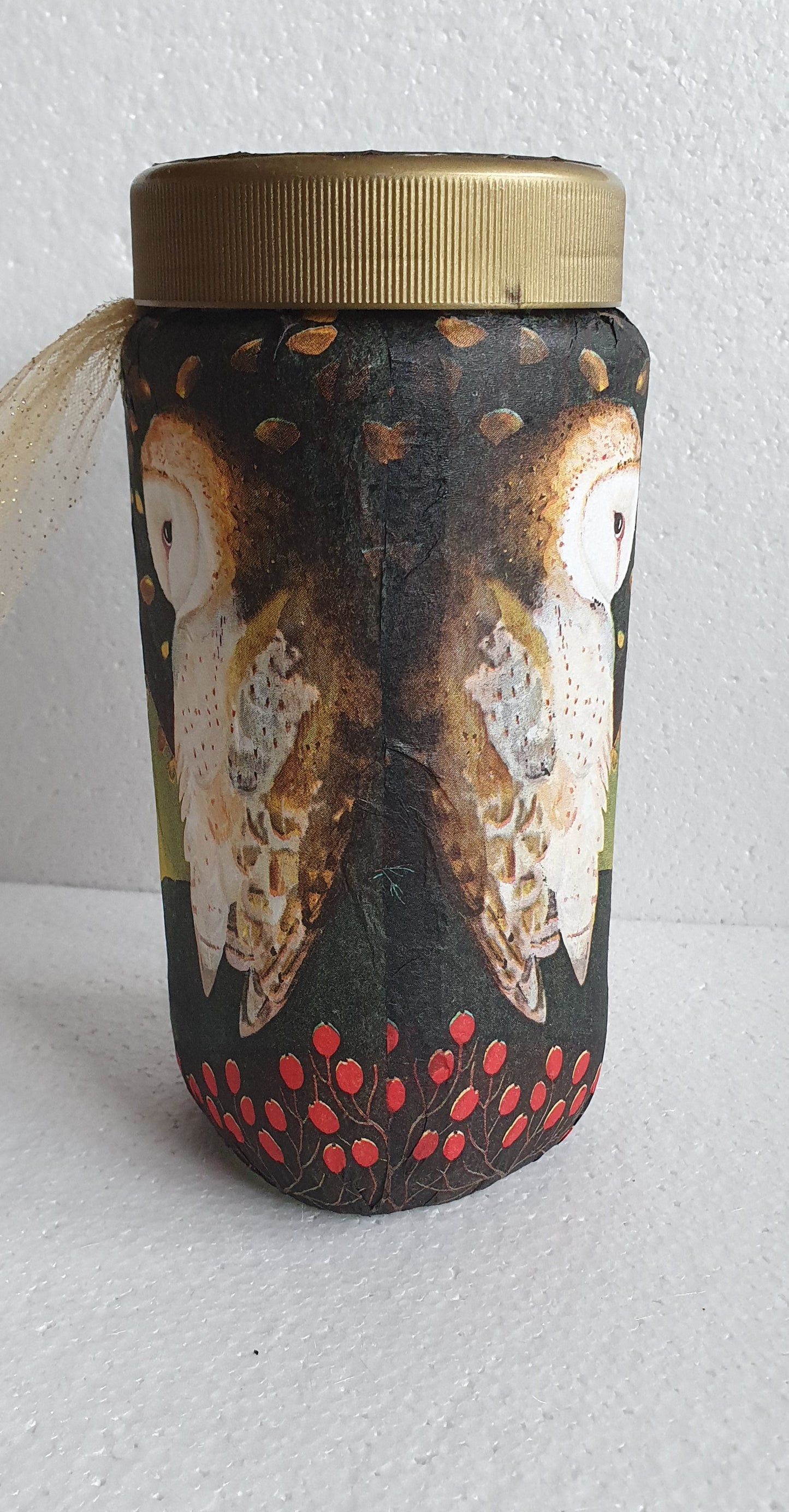 Large Glass Barn Owl Autumn Gold Pattern Hand Decorated Storage Jar With Lid Home Decor Gift