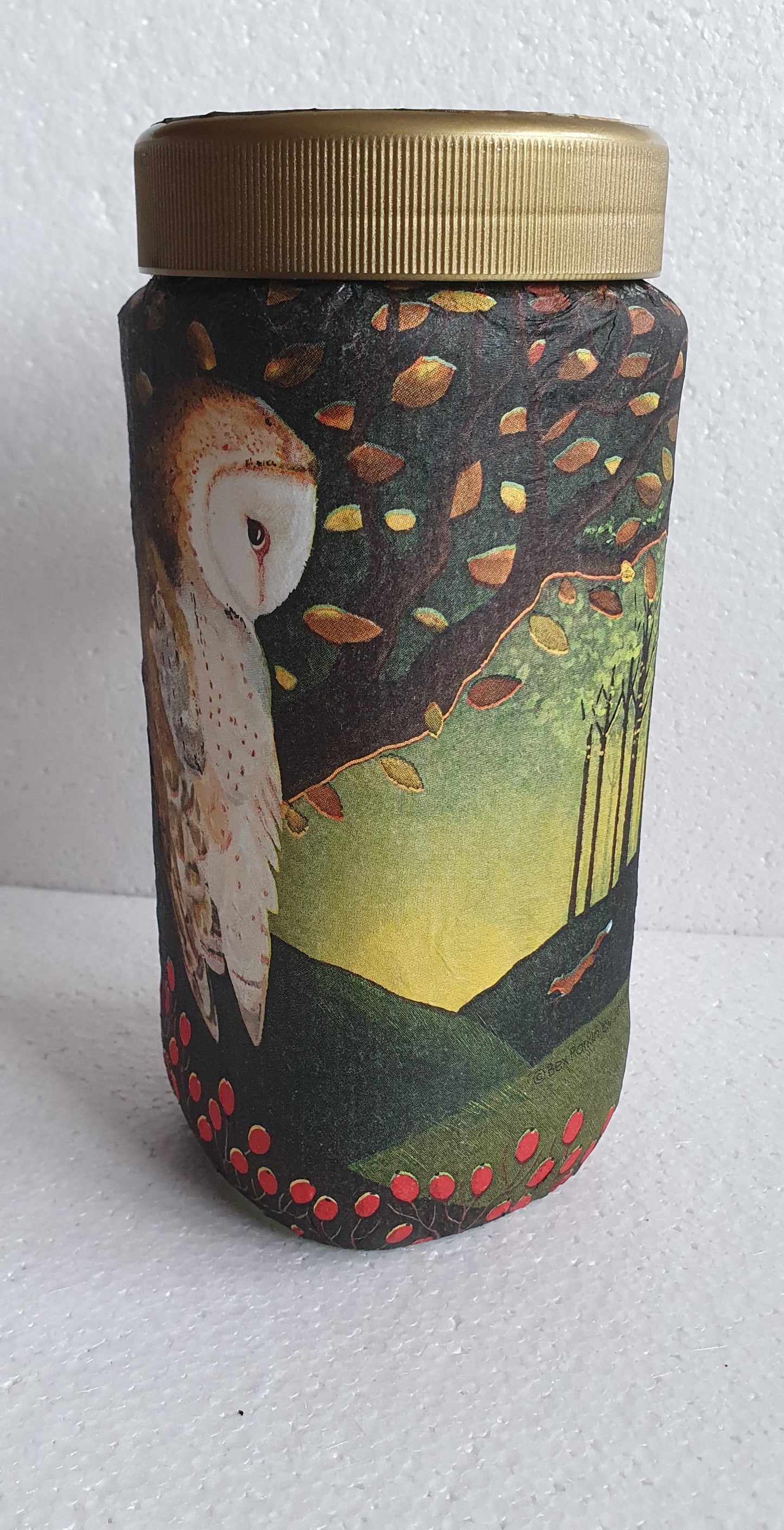 Large Glass Barn Owl Autumn Gold Pattern Hand Decorated Storage Jar With Lid Home Decor Gift