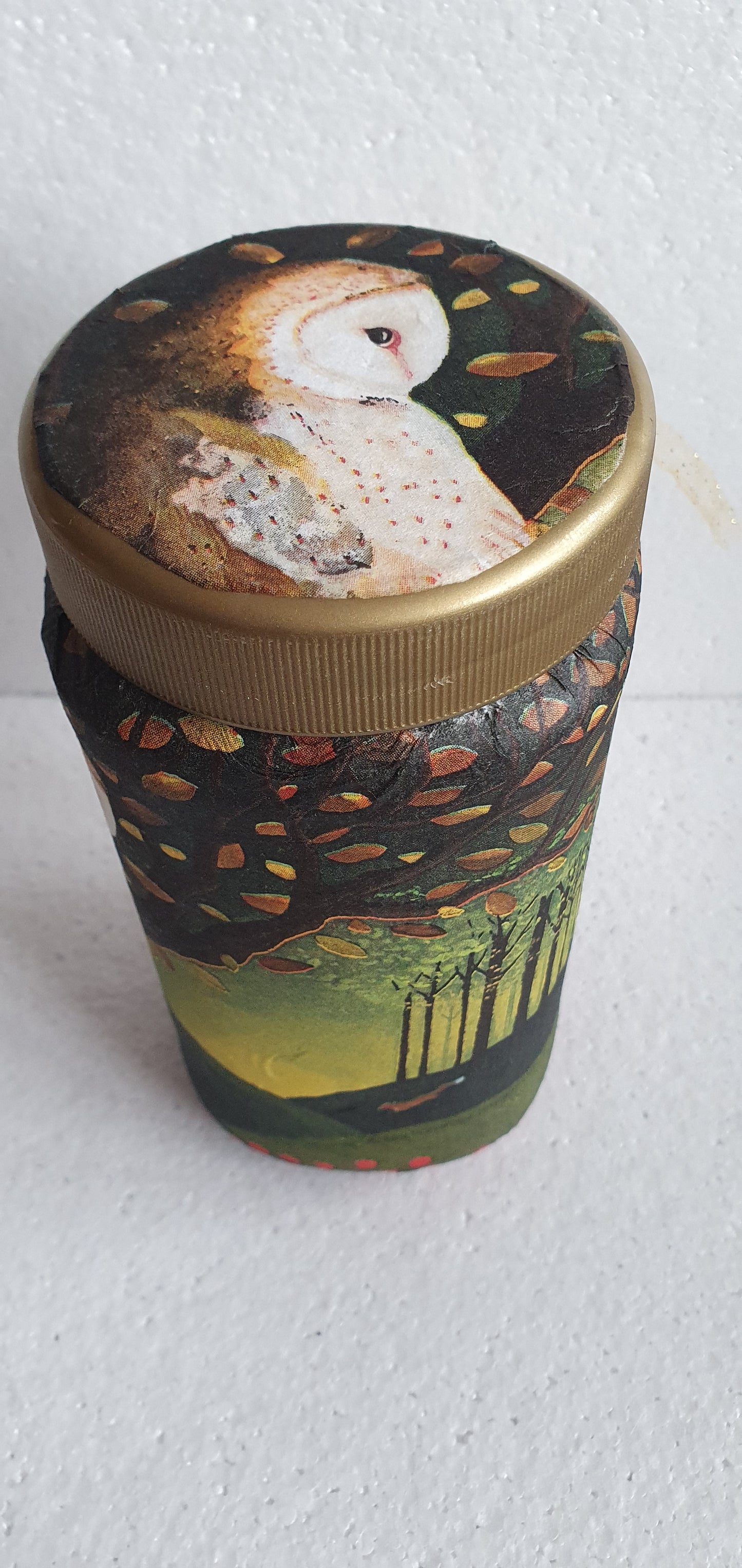 Large Glass Barn Owl Autumn Gold Pattern Hand Decorated Storage Jar With Lid Home Decor Gift