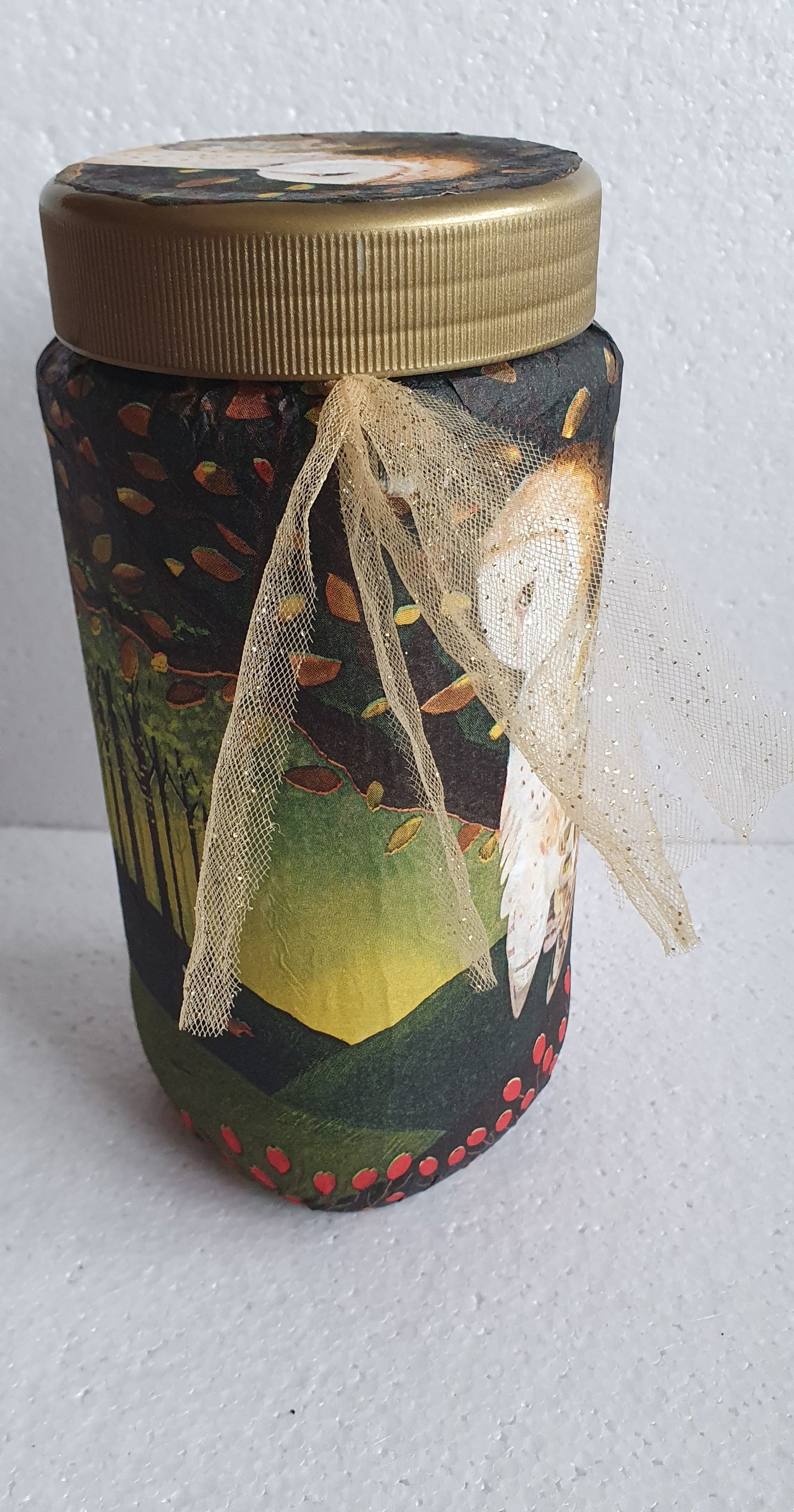 Large Glass Barn Owl Autumn Gold Pattern Hand Decorated Storage Jar With Lid Home Decor Gift