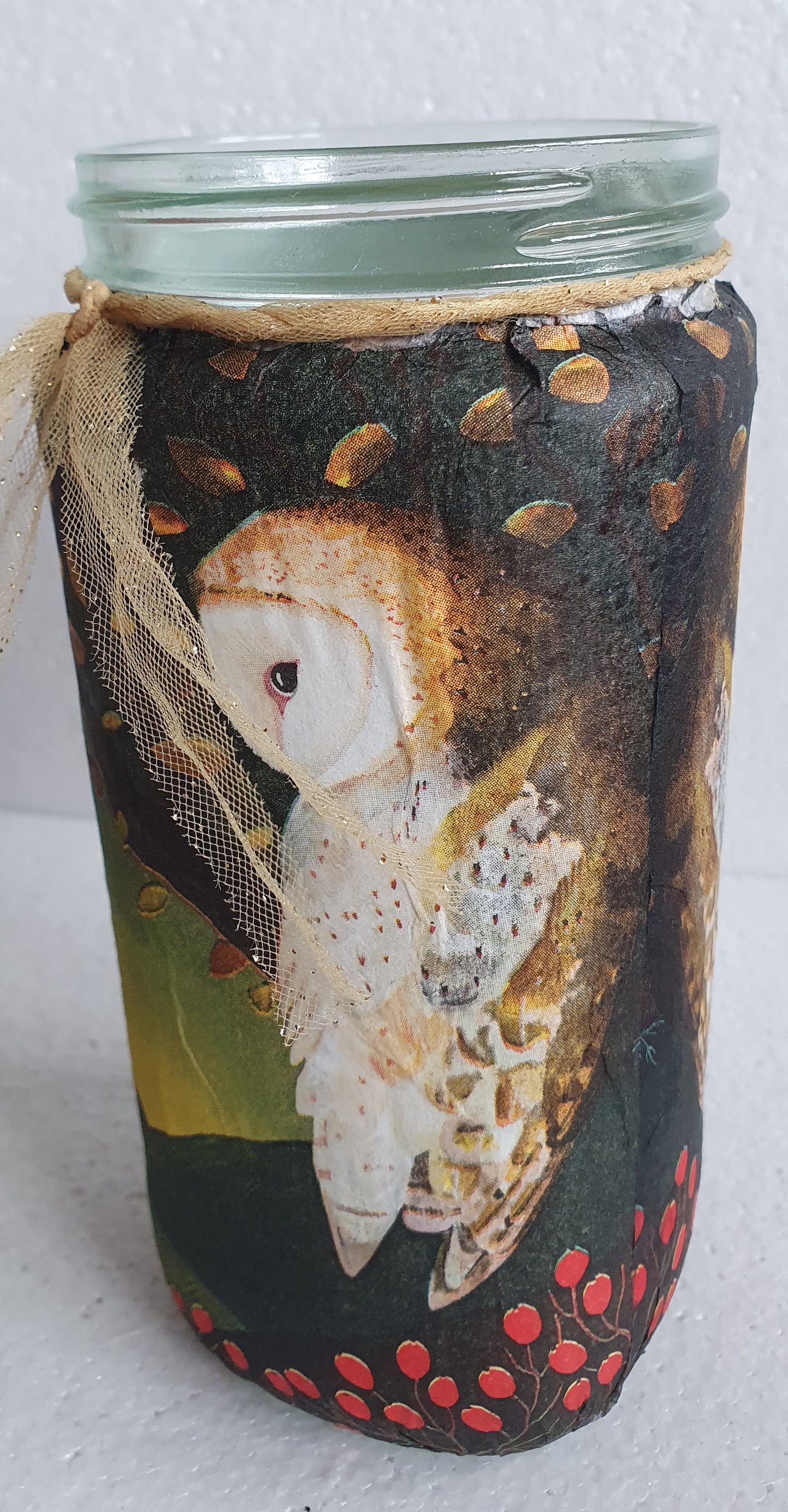 Large Glass Barn Owl Autumn Gold Pattern Hand Decorated Storage Jar With Lid Home Decor Gift