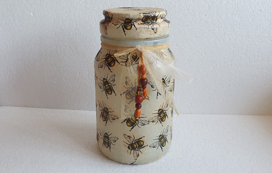 Large Hand Decorated Glass Pin Cushion Jar Beige Bumble Bee Crafters Gift