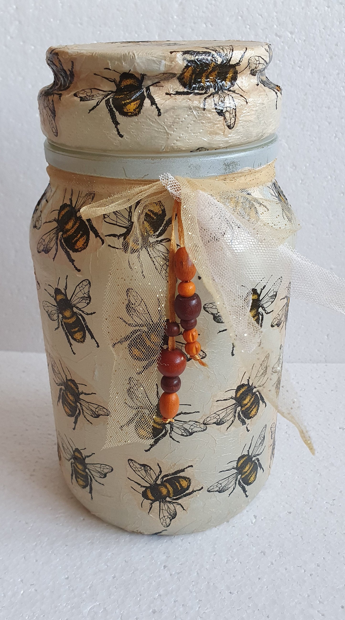 Large Hand Decorated Glass Pin Cushion Jar Beige Bumble Bee Crafters Gift