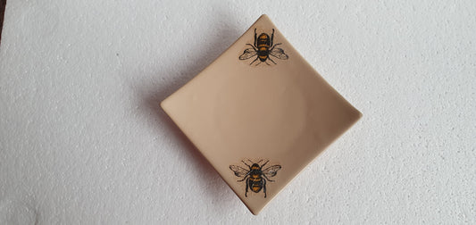 Medium Brown Beige Bumble Bee Square Trinket Plate Hand Decorated Decor Gift