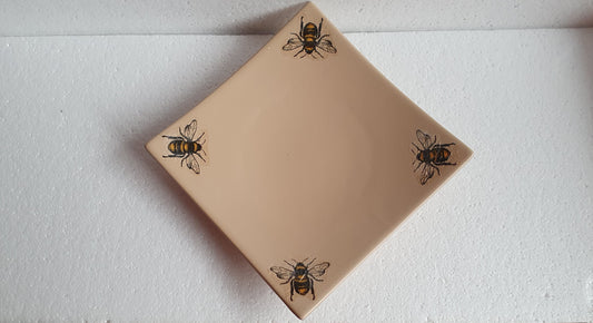 Large Brown Beige Bumble Bee Square Trinket Plate Hand Decorated Decor Gift