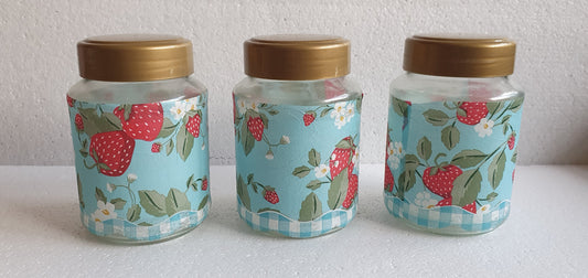 Crafters Storage Jars Set x 3 Blue Red Gold Strawberries Hand Decorated Home Decor Gift