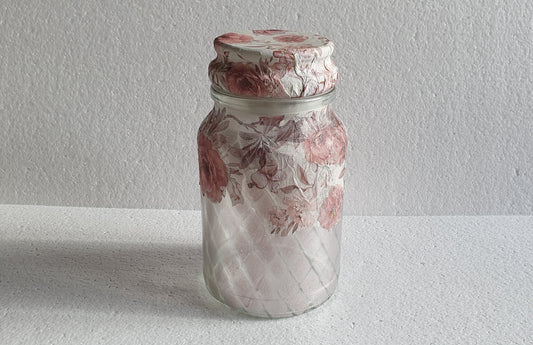 Reserved for A-M Medium 'Chunky' Hand Decorated Glass Pin Cushion Jar Pink Floral Crafters Gift