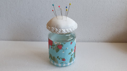 Medium Hand Decorated Glass Pin Cushion Jar Strawberries Blue Cream Crafters Gift