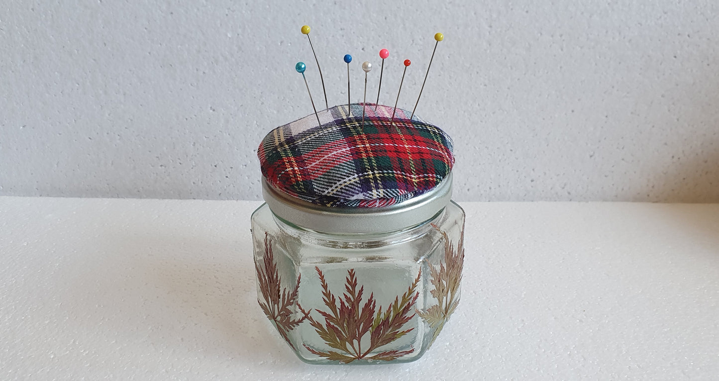 Glass Hexagon Shape Pressed Leaf Red Tartan Hand Decorated Pin Cushion Jar Crafters Gift