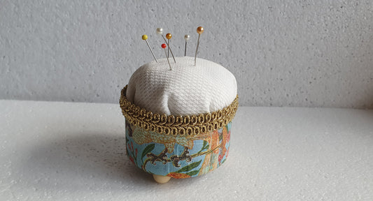 Small Hand Decorated Metal Pin Cushion Blue Orange Cockatoo Crafters Gift