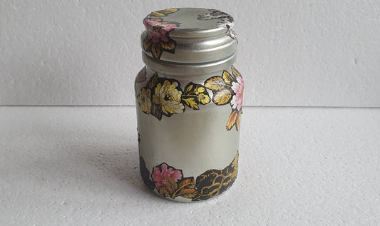 Small Medium Hand Decorated Glass Pin Cushion Jar Champagne Gold Floral Black Crafters Gift