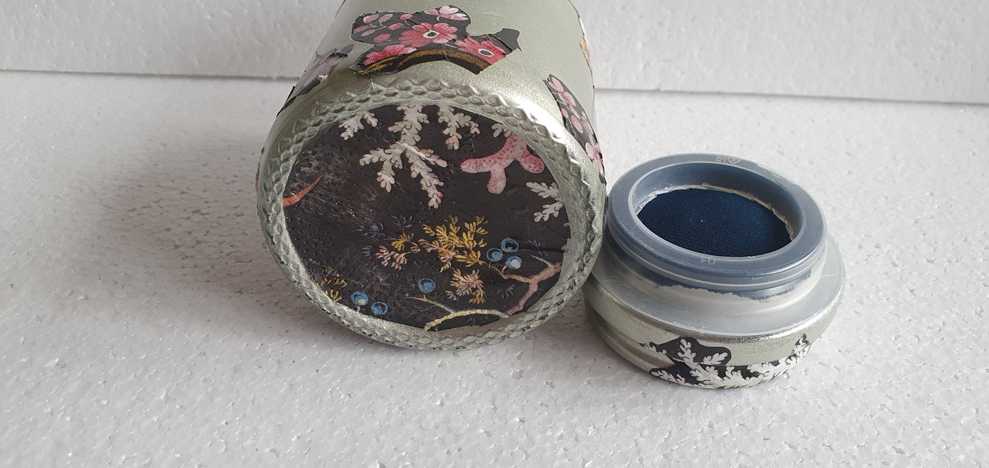 Small Medium Hand Decorated Glass Pin Cushion Jar Champagne Gold Floral Black Crafters Gift