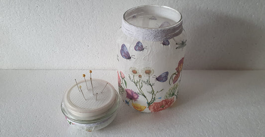 RESERVED FOR JANE Medium White Floral Insects Hand Decorated Candle Storage Jar With Lid Home Decor Gift