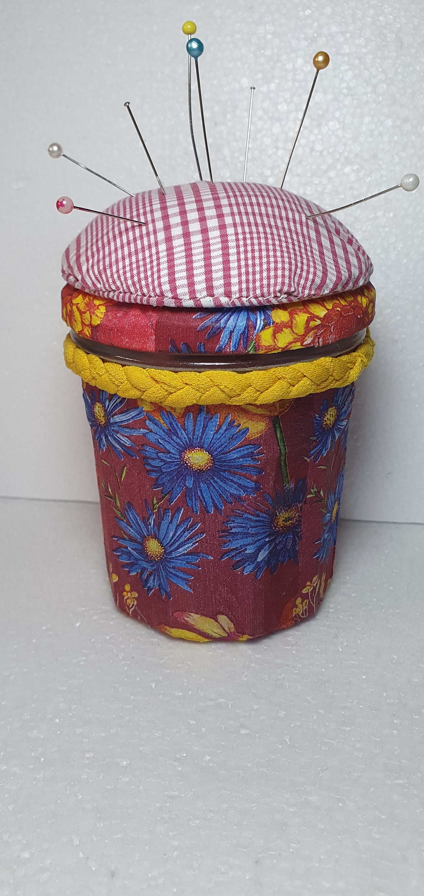 Hand Decorated Glass Pin Cushion Jar Red Cream Yellow Floral Crafters Gift