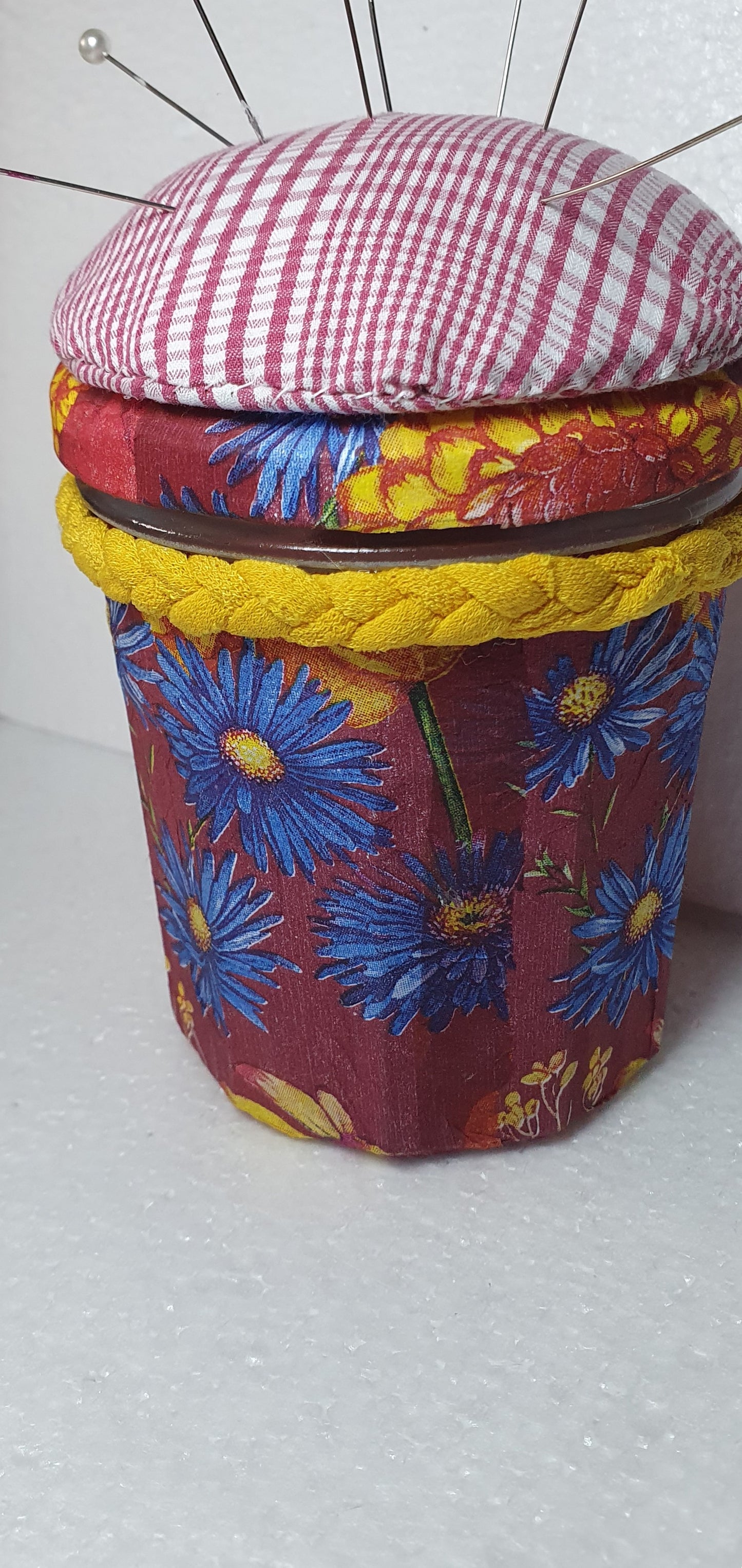 Hand Decorated Glass Pin Cushion Jar Red Cream Yellow Floral Crafters Gift