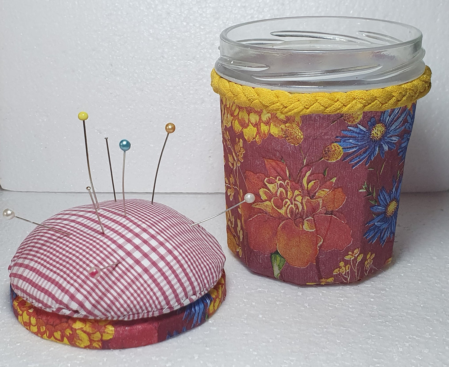 Hand Decorated Glass Pin Cushion Jar Red Cream Yellow Floral Crafters Gift