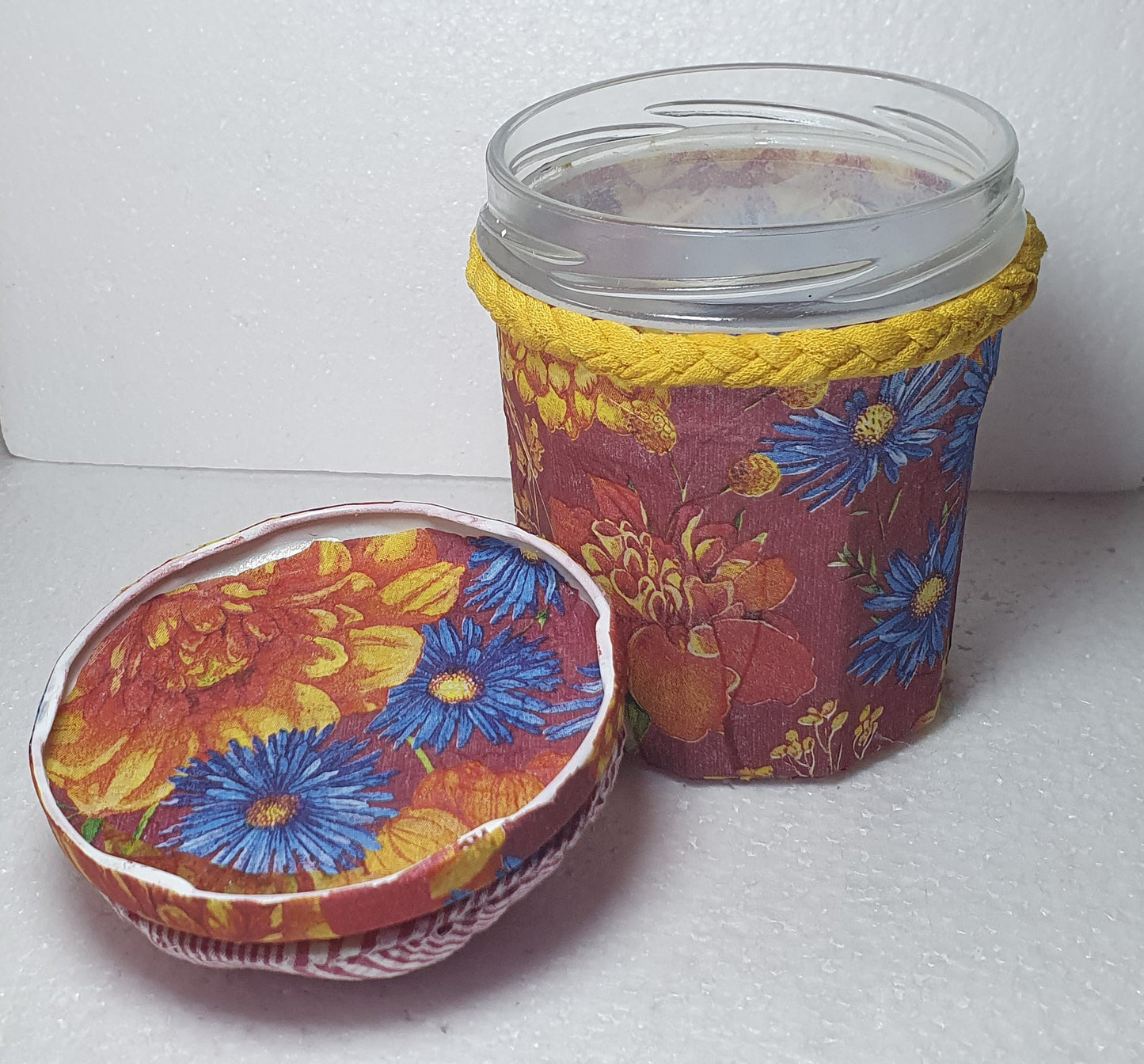 Hand Decorated Glass Pin Cushion Jar Red Cream Yellow Floral Crafters Gift