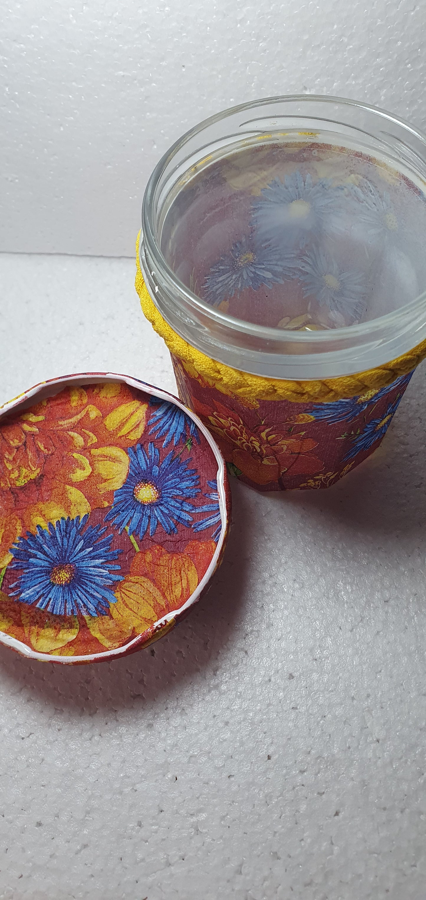 Hand Decorated Glass Pin Cushion Jar Red Cream Yellow Floral Crafters Gift