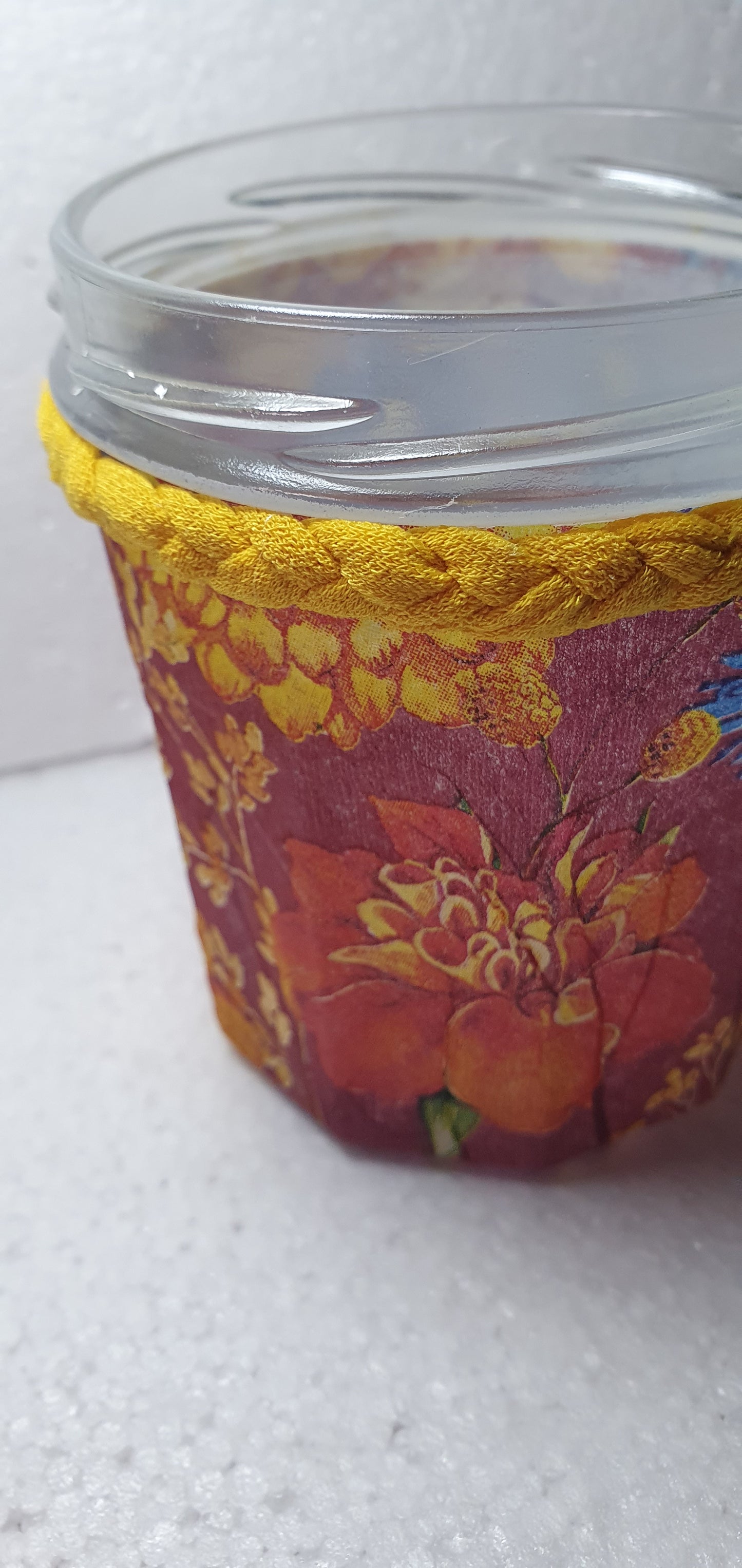 Hand Decorated Glass Pin Cushion Jar Red Cream Yellow Floral Crafters Gift