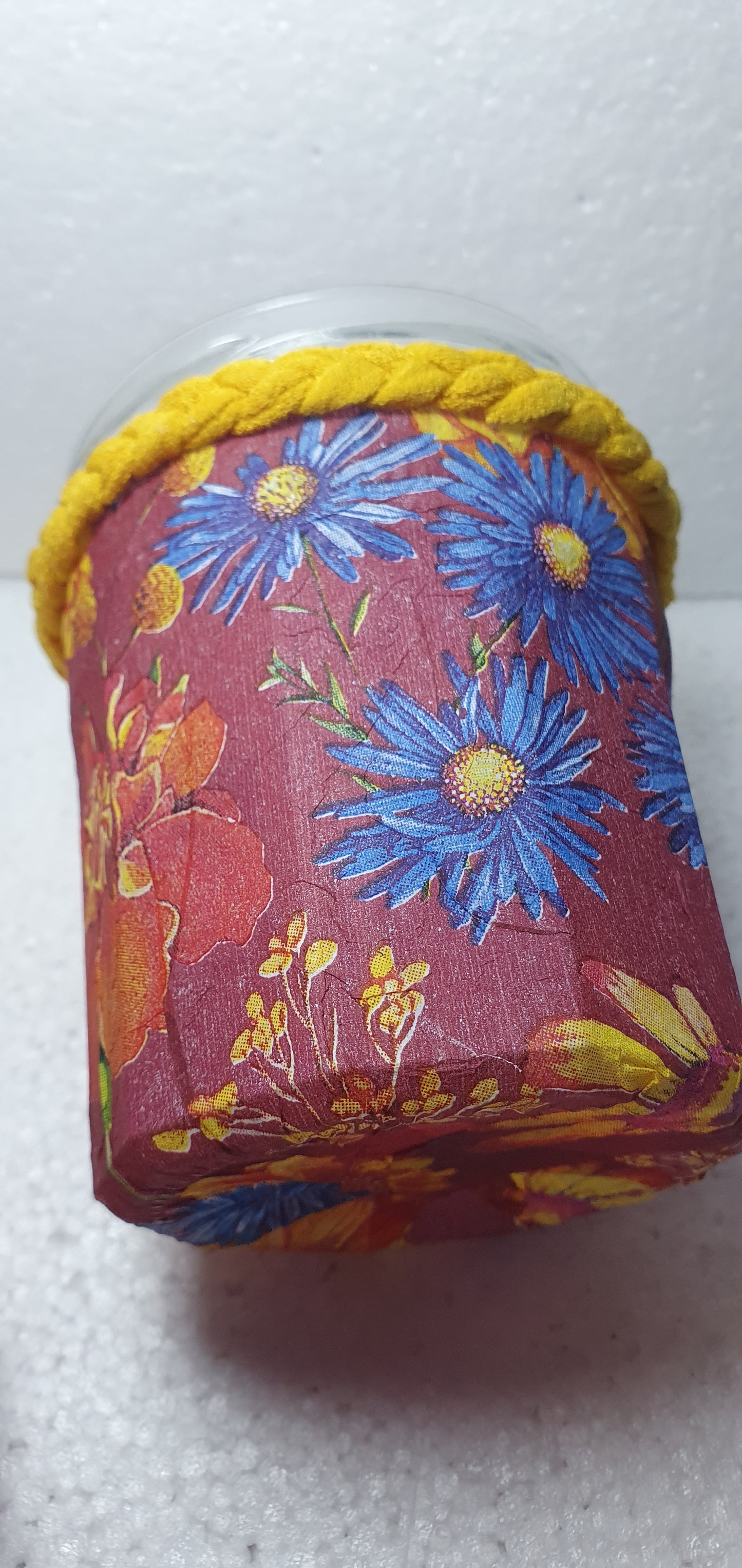 Hand Decorated Glass Pin Cushion Jar Red Cream Yellow Floral Crafters Gift