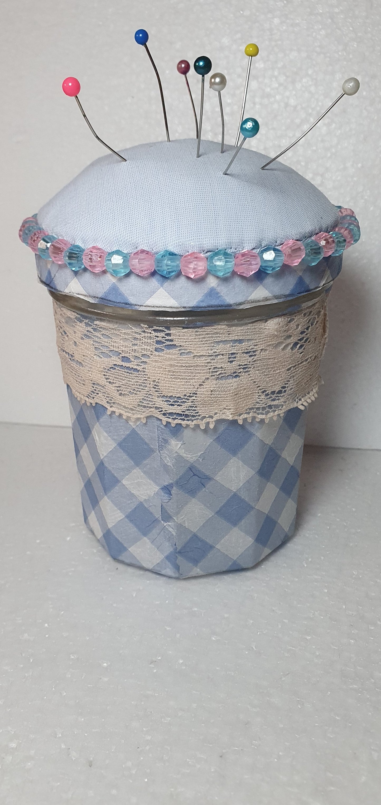 Hand Decorated Glass Pin Cushion Jar Blue Pink Check Crafters Gift