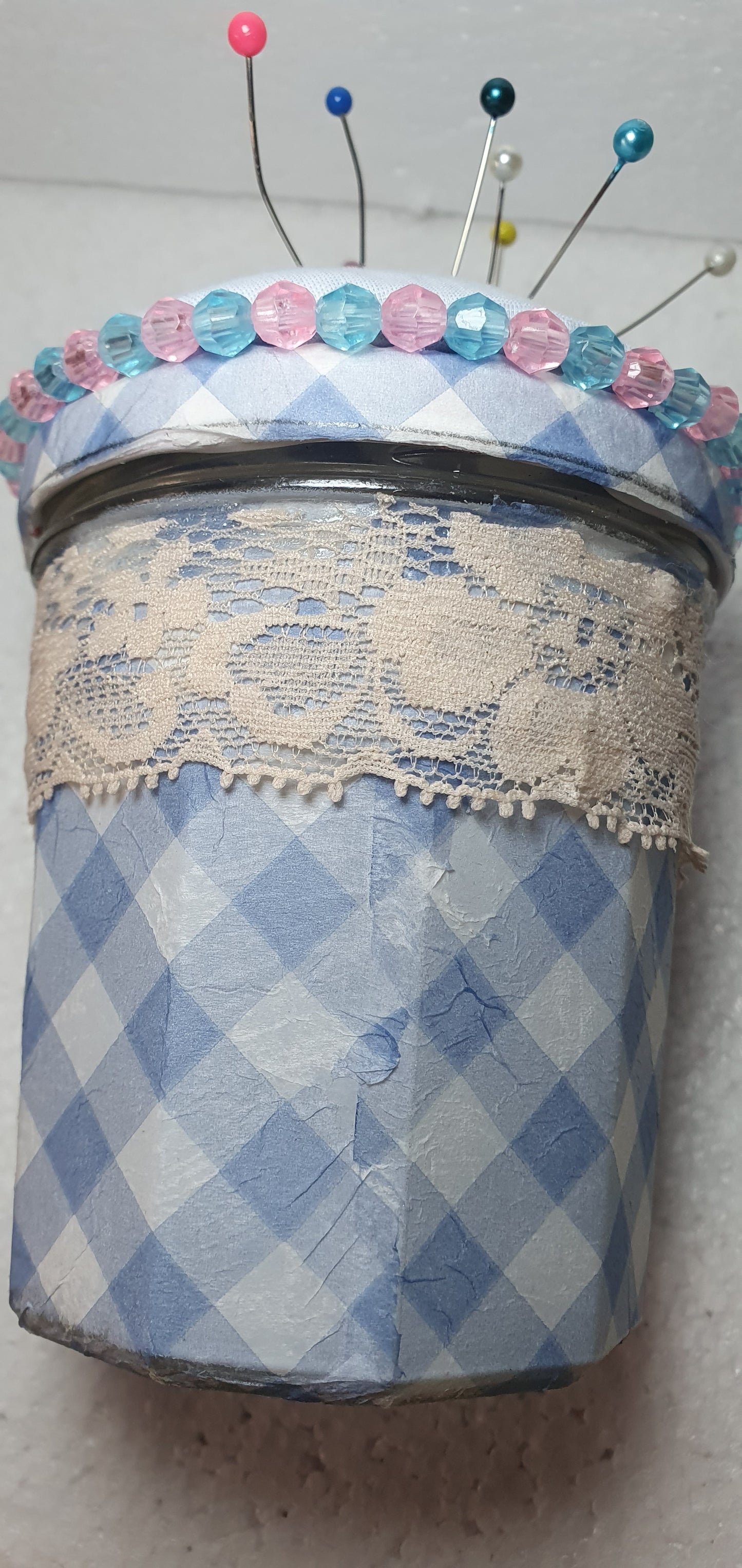 Hand Decorated Glass Pin Cushion Jar Blue Pink Check Crafters Gift