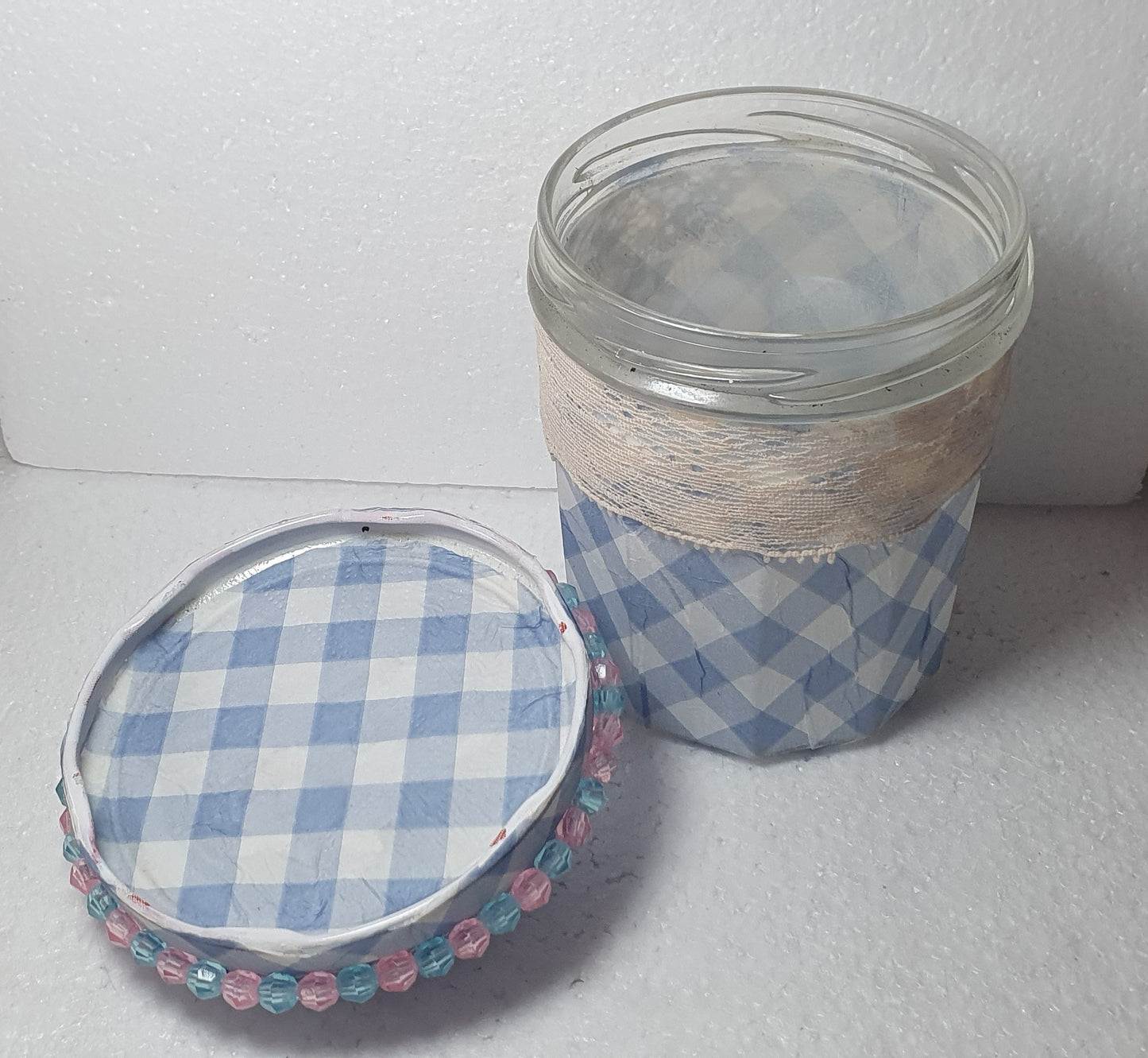 Hand Decorated Glass Pin Cushion Jar Blue Pink Check Crafters Gift