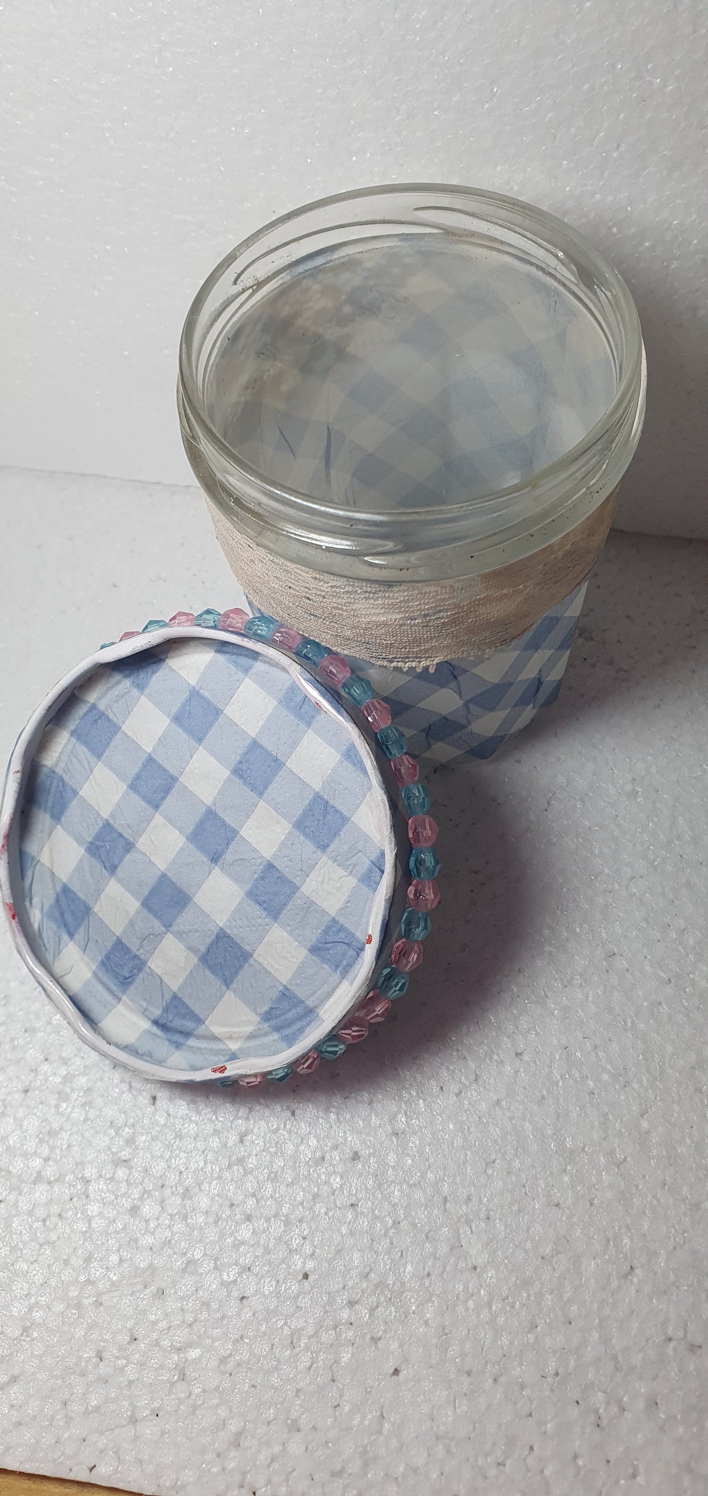 Hand Decorated Glass Pin Cushion Jar Blue Pink Check Crafters Gift
