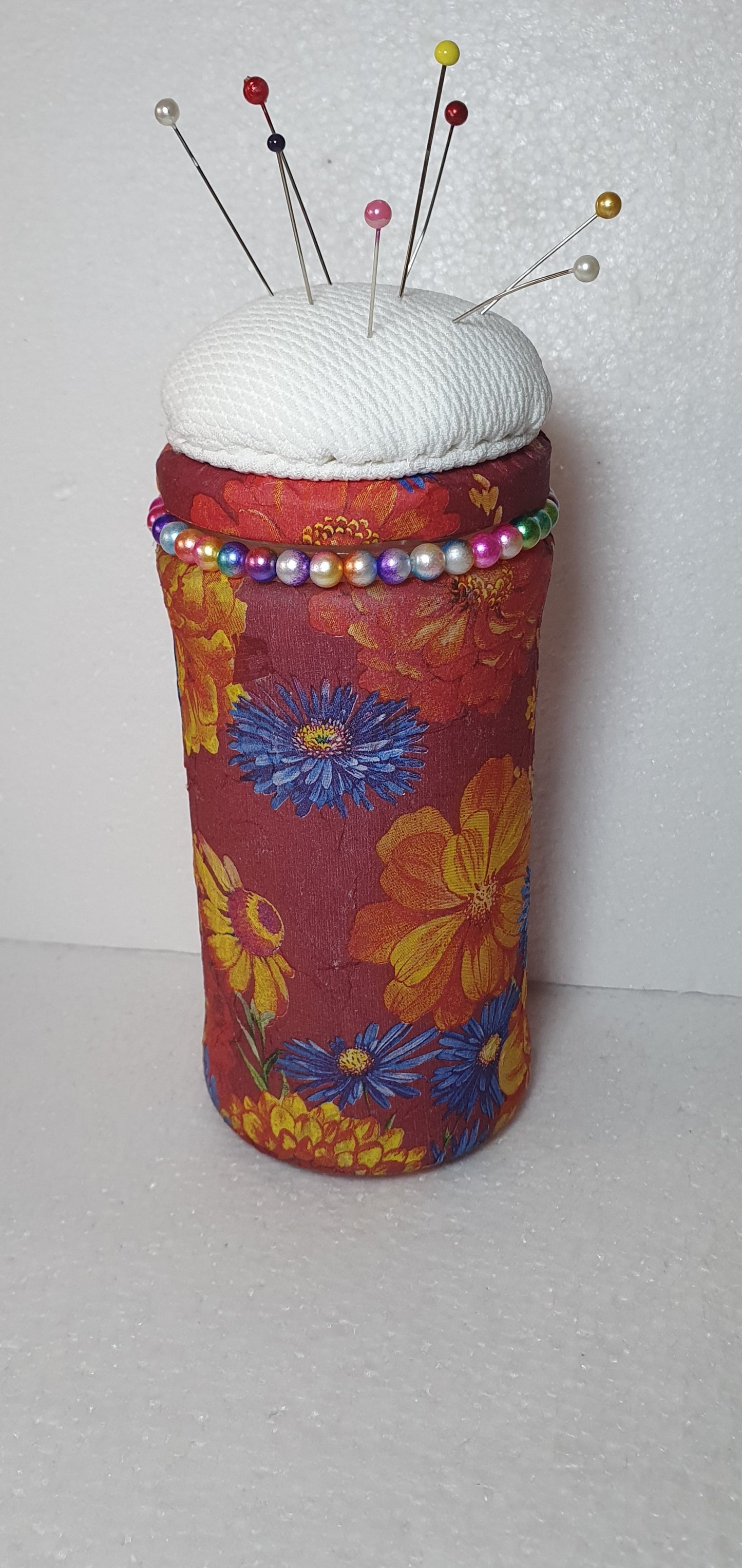 Hand Decorated Glass Pin Cushion Jar Red Blue Yellow Floral Crafters Gift