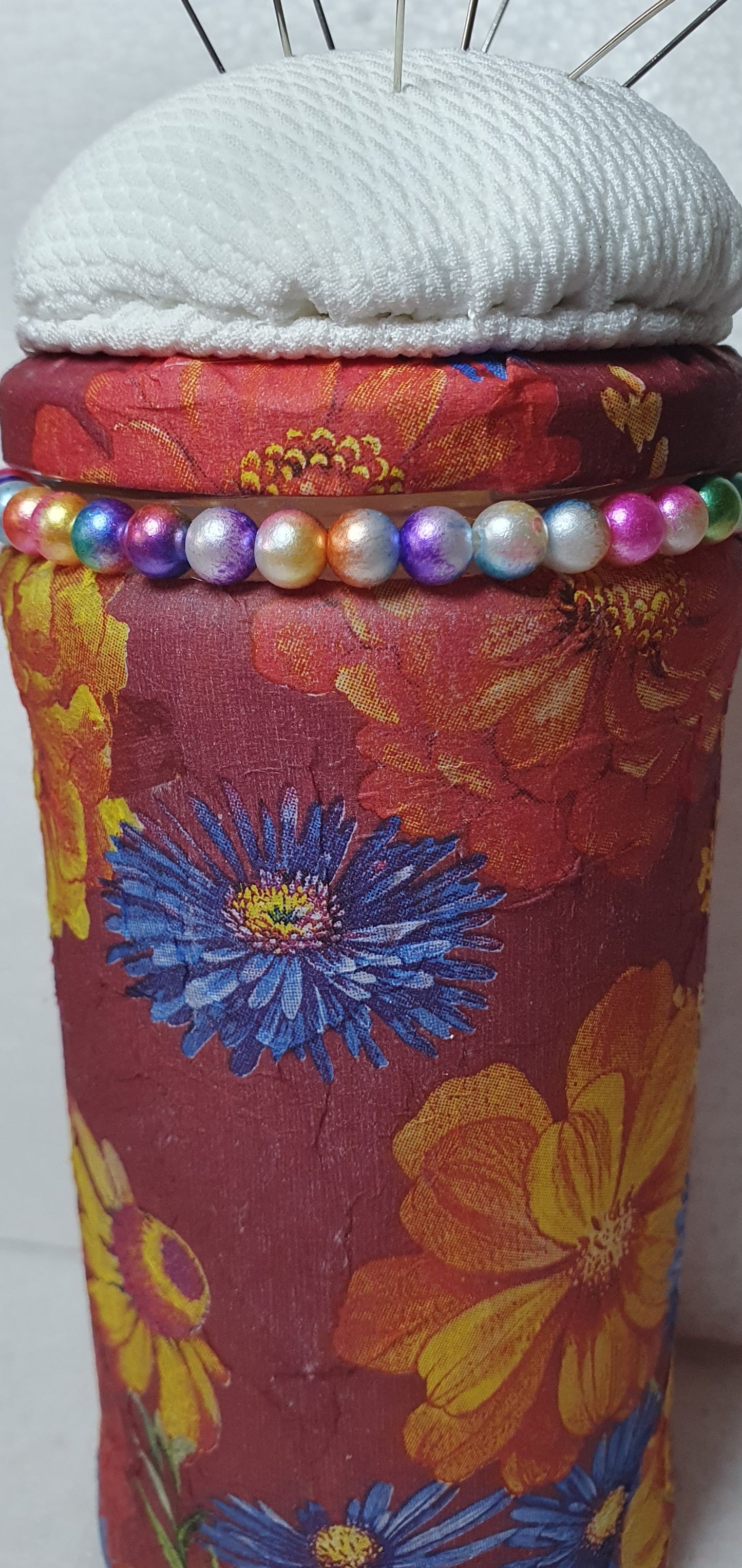 Hand Decorated Glass Pin Cushion Jar Red Blue Yellow Floral Crafters Gift