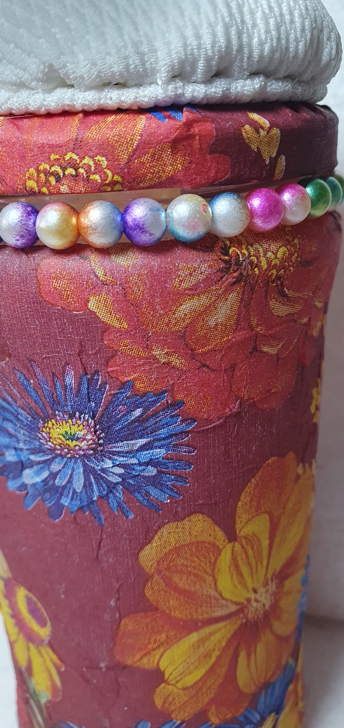 Hand Decorated Glass Pin Cushion Jar Red Blue Yellow Floral Crafters Gift