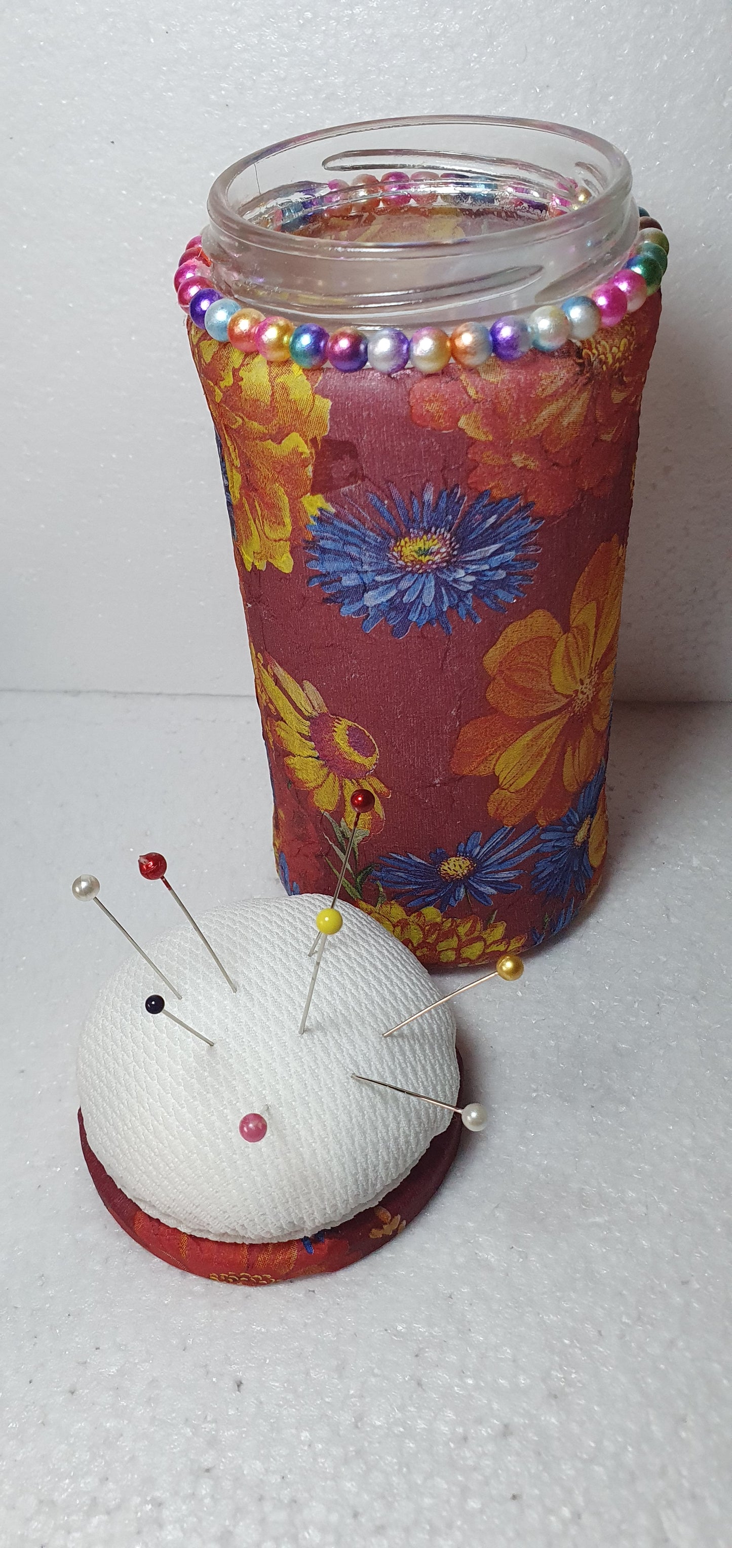 Hand Decorated Glass Pin Cushion Jar Red Blue Yellow Floral Crafters Gift